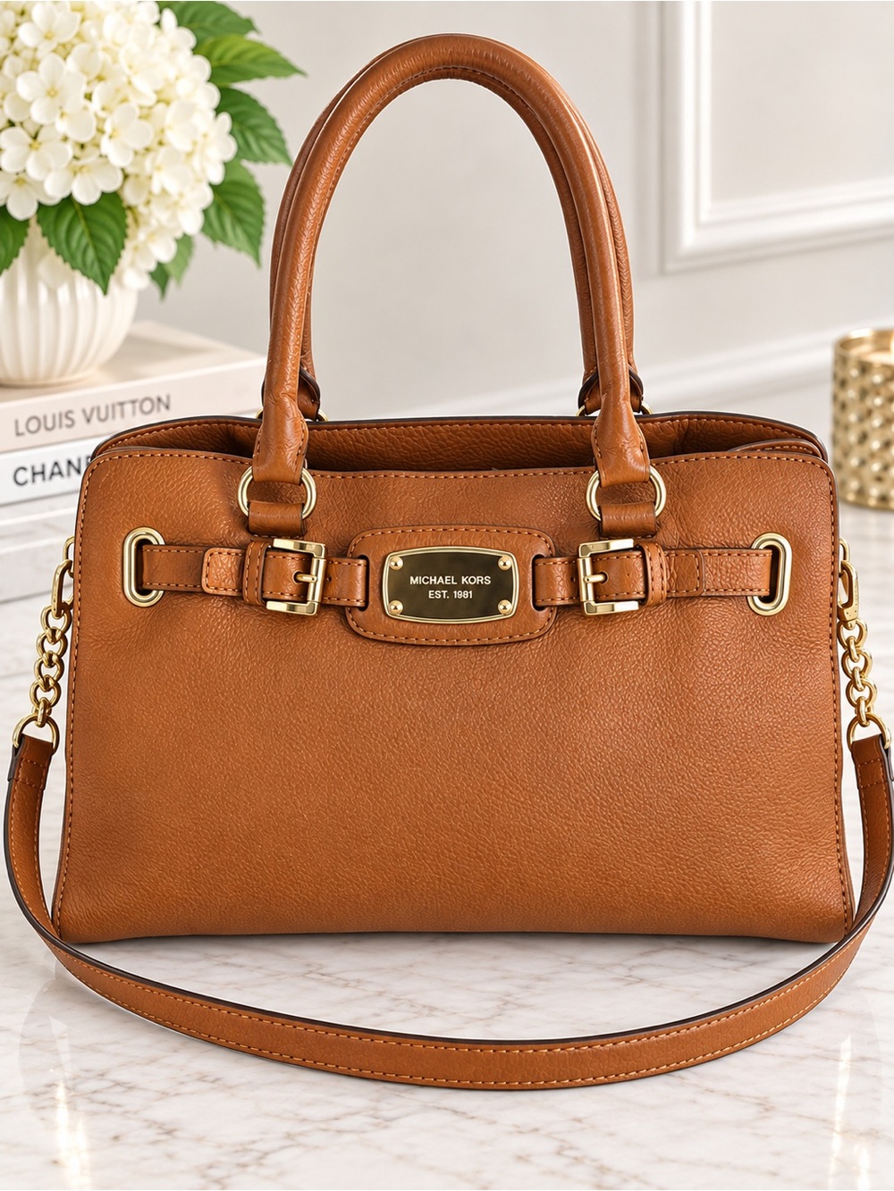 Michael Kors Hamilton Brown Leather Satchel shoulder Bag Gold Hardware